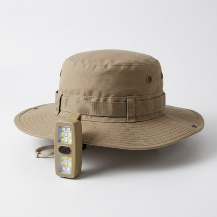 Khaki Outdoor Sun Protection and Safety Light Bundle - Foldable Polyester Bucket Hat with Wide Brim and Adjustable Chin Strap plus Rechargeable Mini Clip LED Safety Light for Hiking Camping Night Running