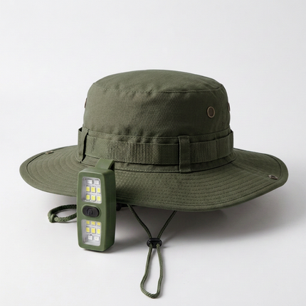 Green Outdoor Sun Protection and Safety Light Bundle - Foldable Polyester Bucket Hat with Wide Brim and Adjustable Chin Strap plus Rechargeable Mini Clip LED Safety Light for Hiking Camping Night Running