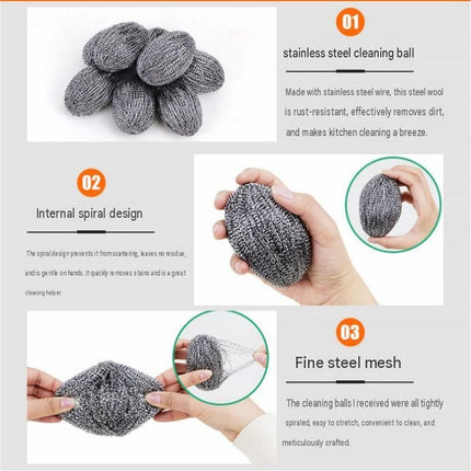 6 Pack Stainless Steel Scouring Pad with Hanging Loop - Heavy Duty Kitchen Scrubber for Pots Pans Sinks, Rust Resistant Spiral Woven Design, 30g Durable Cleaning Ball