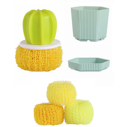 Cactus-shaped nano cleaning brush set with 3 pack yellow replacement heads and Green storage box - PP Material, Non-Scratch Design, Multi-Purpose Kitchen Scrubber for Pots, Pans and Dishes - Space Saving Storage, Easy Grip Ergonomic Shape