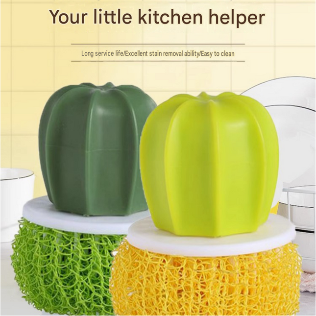 Cactus-shaped nano cleaning brush set with 3 pack yellow replacement heads and Green storage box - PP Material, Non-Scratch Design, Multi-Purpose Kitchen Scrubber for Pots, Pans and Dishes - Space Saving Storage, Easy Grip Ergonomic Shape