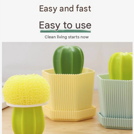 Cactus-shaped nano cleaning brush set with 3 pack yellow replacement heads and Green storage box - PP Material, Non-Scratch Design, Multi-Purpose Kitchen Scrubber for Pots, Pans and Dishes - Space Saving Storage, Easy Grip Ergonomic Shape