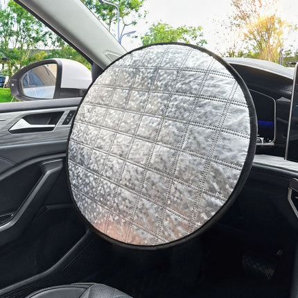 Silvery Reflective Steering Wheel Sun Shade Cover - Universal Fit Aluminum Foil Heat Shield, 43cm Diameter, Prevents Hot Steering Wheel, Easy Install, Foldable for Storage
