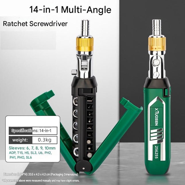 14-in-1 Multi-Function Ratchet Screwdriver Set - Adjustable Angle Head, 3-Position Ratchet, Carbon Steel Bits, Built-In Storage, for Home Repair DIY Electronics