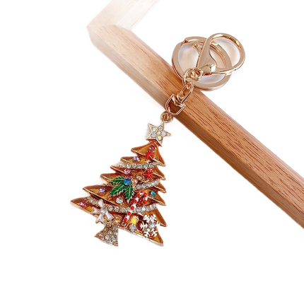 Yellow Christmas Tree Keychain with Rhinestones - Alloy Bag Charm, Festive Car Key Ring, Holiday Gift Accessory