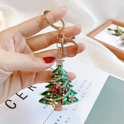 Red Christmas Tree Keychain with Rhinestones - Alloy Bag Charm, Festive Car Key Ring, Holiday Gift Accessory