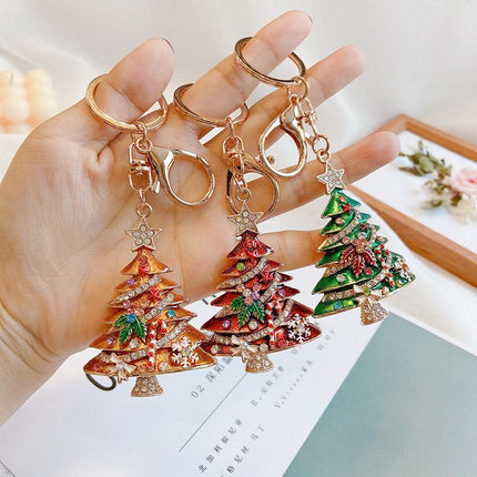 2 Pack Yellow Christmas Tree Keychain with Rhinestones - Alloy Bag Charm, Festive Car Key Ring, Holiday Gift Accessory