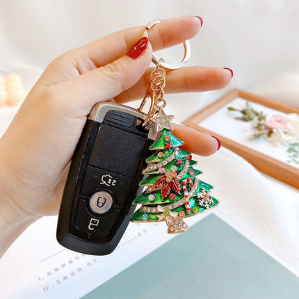 2 Pack Yellow Christmas Tree Keychain with Rhinestones - Alloy Bag Charm, Festive Car Key Ring, Holiday Gift Accessory