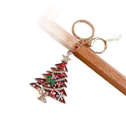 2 Pack Red Christmas Tree Keychain with Rhinestones - Alloy Bag Charm, Festive Car Key Ring, Holiday Gift Accessory