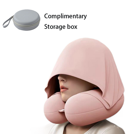 Pink Hooded U-Shape Travel Neck Pillow with Memory Foam（Storage box included） -  Light Blocking Hood, Portable Neck Support for Plane Train Car