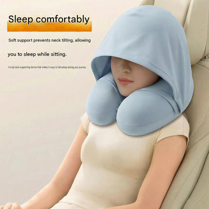 Pink Hooded U-Shape Travel Neck Pillow with Memory Foam（Storage box included） -  Light Blocking Hood, Portable Neck Support for Plane Train Car
