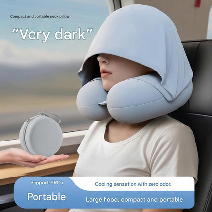 Pink Hooded U-Shape Travel Neck Pillow with Memory Foam（Storage box included） -  Light Blocking Hood, Portable Neck Support for Plane Train Car