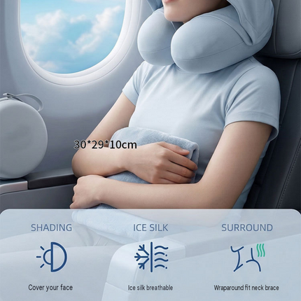 Pink Hooded U-Shape Travel Neck Pillow with Memory Foam（Storage box included） -  Light Blocking Hood, Portable Neck Support for Plane Train Car