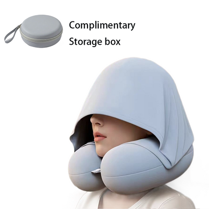 Blue Hooded U-Shape Travel Neck Pillow with Memory Foam（Storage box included） -  Light Blocking Hood, Portable Neck Support for Plane Train Car