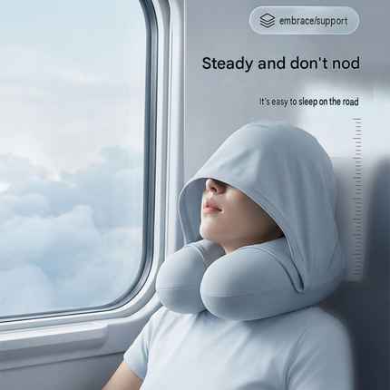 Blue Hooded U-Shape Travel Neck Pillow with Memory Foam（Storage box included） -  Light Blocking Hood, Portable Neck Support for Plane Train Car