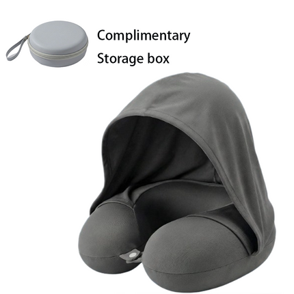 Dark grey Hooded U-Shape Travel Neck Pillow with Memory Foam（Storage box included） -  Light Blocking Hood, Portable Neck Support for Plane Train Car