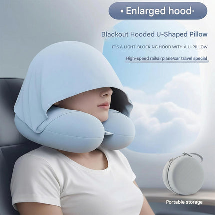 Dark grey Hooded U-Shape Travel Neck Pillow with Memory Foam（Storage box included） -  Light Blocking Hood, Portable Neck Support for Plane Train Car