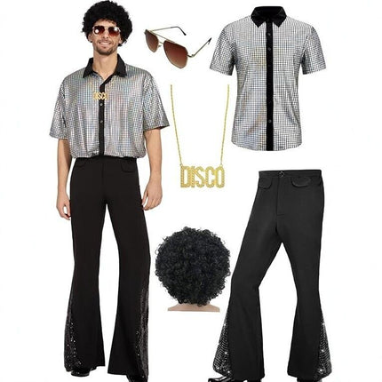 XXL size Men's 70s Disco Costume Set - Silvery Plaid shirt with Black Bell Bottom Pants & Accessories, Retro Polyester Dance Outfit for Parties and Halloween