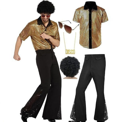 L size Men's 70s Disco Costume Set - Gold Plaid shirt with Black Bell Bottom Pants & Accessories, Retro Polyester Dance Outfit for Parties and Halloween