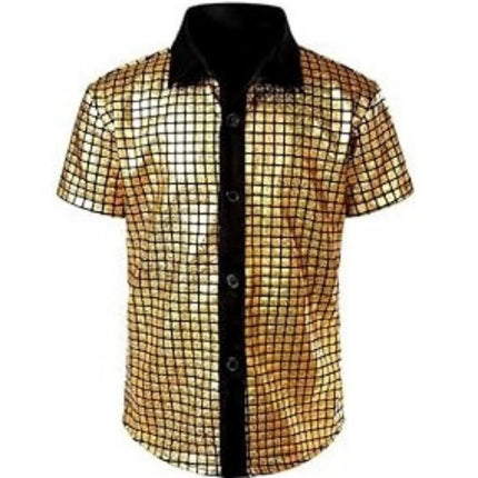 L size Men's 70s Disco Costume Set - Gold Plaid shirt with Black Bell Bottom Pants & Accessories, Retro Polyester Dance Outfit for Parties and Halloween