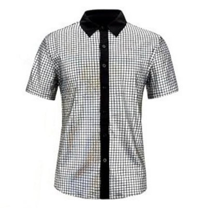 L size Men's 70s Disco Costume Set - Silvery Plaid shirt with Black Bell Bottom Pants & Accessories, Retro Polyester Dance Outfit for Parties and Halloween