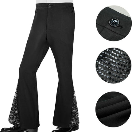 L size Men's 70s Disco Costume Set - Silvery Plaid shirt with Black Bell Bottom Pants & Accessories, Retro Polyester Dance Outfit for Parties and Halloween