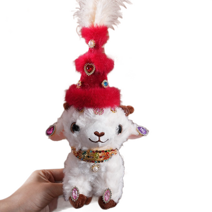 Sheep-shaped design Plush Keychain（Red pointed hat + three-strand diamond chain） - Soft Stuffed Animal Bag Charm, Cute Kawaii Doll for Backpacks & Gifts - 15x17cm White Lamb Pendant