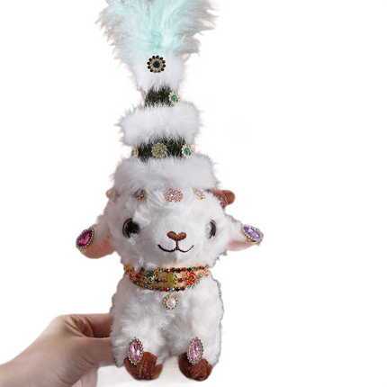 Sheep-shaped design Plush Keychain(Green pointed hat + three-strand diamond chain) - Soft Stuffed Animal Bag Charm, Cute Kawaii Doll for Backpacks & Gifts - 15x17cm White Lamb Pendant