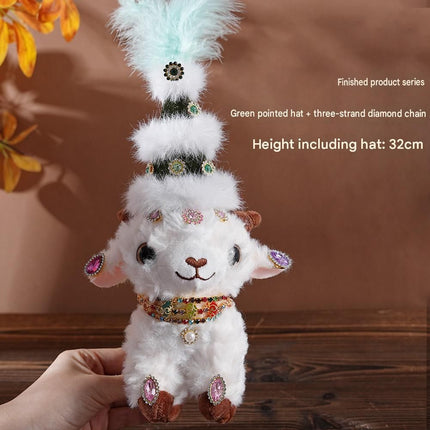 Sheep-shaped design Plush Keychain(Green pointed hat + three-strand diamond chain) - Soft Stuffed Animal Bag Charm, Cute Kawaii Doll for Backpacks & Gifts - 15x17cm White Lamb Pendant