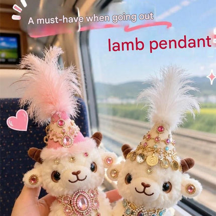 Sheep-shaped design Plush Keychain(Green pointed hat + three-strand diamond chain) - Soft Stuffed Animal Bag Charm, Cute Kawaii Doll for Backpacks & Gifts - 15x17cm White Lamb Pendant