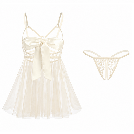 Two White Lace Lingerie Set*2  - Adjustable Strappy Babydoll and Open Crotch G-String- Sheer Mesh Nightwear with Bow Detail and Back Clip Closure for Intimate Occasions