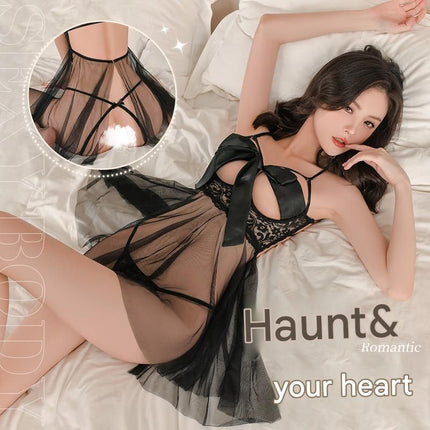 Two White Lace Lingerie Set*2  - Adjustable Strappy Babydoll and Open Crotch G-String- Sheer Mesh Nightwear with Bow Detail and Back Clip Closure for Intimate Occasions