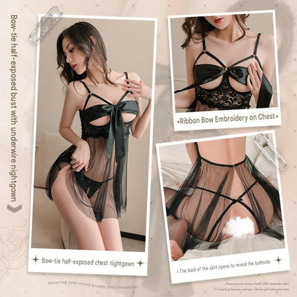 Two White Lace Lingerie Set*2  - Adjustable Strappy Babydoll and Open Crotch G-String- Sheer Mesh Nightwear with Bow Detail and Back Clip Closure for Intimate Occasions