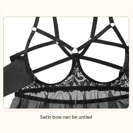 Two White Lace Lingerie Set*2  - Adjustable Strappy Babydoll and Open Crotch G-String- Sheer Mesh Nightwear with Bow Detail and Back Clip Closure for Intimate Occasions
