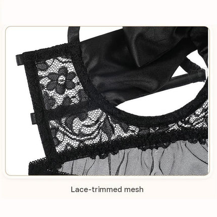 Two White Lace Lingerie Set*2  - Adjustable Strappy Babydoll and Open Crotch G-String- Sheer Mesh Nightwear with Bow Detail and Back Clip Closure for Intimate Occasions