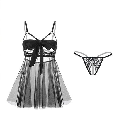 Two  Black Lace Lingerie Set*2 - Adjustable Strappy Babydoll and Open Crotch G-String - Sheer Mesh Nightwear with Bow Detail and Back Clip Closure for Intimate Occasions