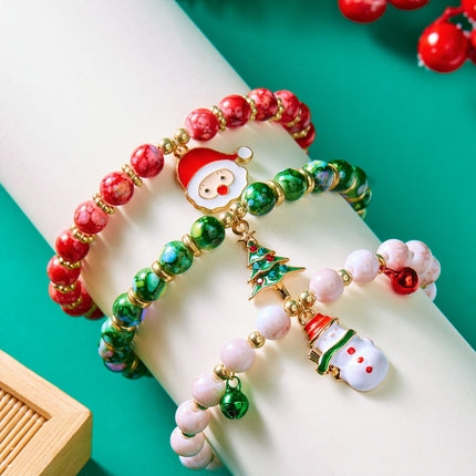 3-Pack Style 1 Christmas Charm Beaded Bracelet Set - Festive Alloy and Acrylic Stretch Jewelry with Christmas elements - Holiday Party Favors and Stocking Stuffer Gifts for Women and Girls