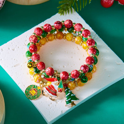 3-Pack Style 2 Christmas Charm Beaded Bracelet Set - Festive Alloy and Acrylic Stretch Jewelry with Christmas elements - Holiday Party Favors and Stocking Stuffer Gifts for Women and Girls