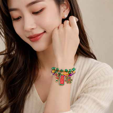3-Pack Style 3 Christmas Charm Beaded Bracelet Set - Festive Alloy and Acrylic Stretch Jewelry with Christmas elements - Holiday Party Favors and Stocking Stuffer Gifts for Women and Girls