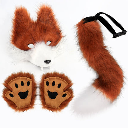 Orange-White Furry Animal Cosplay Half Suit Set - Fox Mask with Detachable Fangs, Faux Fur Paws and Wire Poseable Tail - Party Costume and Halloween Accessories