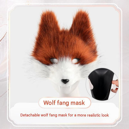 Orange-White Furry Animal Cosplay Half Suit Set - Fox Mask with Detachable Fangs, Faux Fur Paws and Wire Poseable Tail - Party Costume and Halloween Accessories