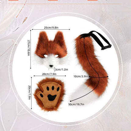 Straw-yellow Furry Animal Cosplay Half Suit Set - Fox Mask with Detachable Fangs, Faux Fur Paws and Wire Poseable Tail - Party Costume and Halloween Accessories