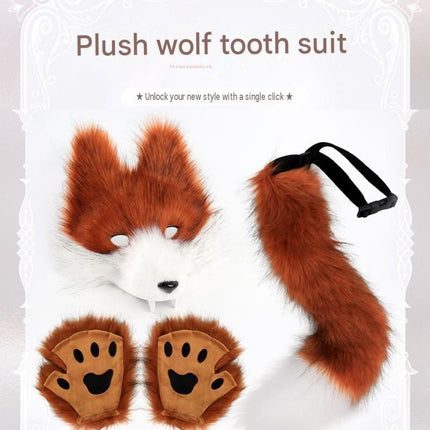 Grey Furry Animal Cosplay Half Suit Set - Fox Mask with Detachable Fangs, Faux Fur Paws and Wire Poseable Tail - Party Costume and Halloween Accessories