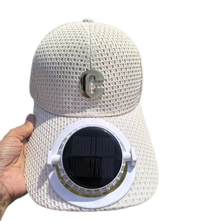 Beige Solar Powered Fan Hat - Breathable Mesh Cap with USB Rechargeable Cooling Fan, LED Display, Adjustable Brim for Outdoor Fishing Camping Hiking Summer Heat Relief