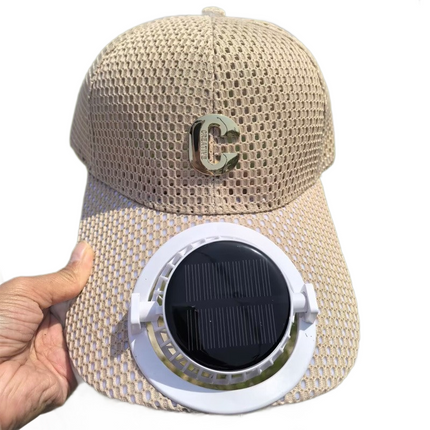 Khaki Solar Powered Fan Hat - Breathable Mesh Cap with USB Rechargeable Cooling Fan, LED Display, Adjustable Brim for Outdoor Fishing Camping Hiking Summer Heat Relief