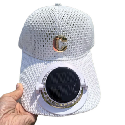 White Solar Powered Fan Hat - Breathable Mesh Cap with USB Rechargeable Cooling Fan, LED Display, Adjustable Brim for Outdoor Fishing Camping Hiking Summer Heat Relief