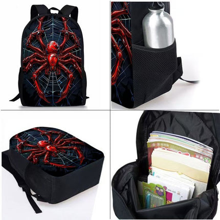 Style 1 3 Piece Spider Print School Bag Set - Large Capacity Polyester Backpack, Insulated Lunch Bag and Pencil Case - Lightweight Student Bookbag with Side Pocket for Boys Teens Kids