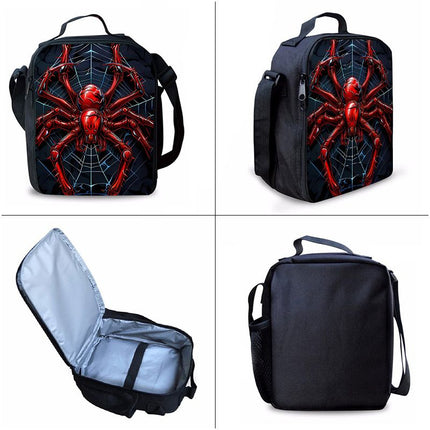 Style 1 3 Piece Spider Print School Bag Set - Large Capacity Polyester Backpack, Insulated Lunch Bag and Pencil Case - Lightweight Student Bookbag with Side Pocket for Boys Teens Kids