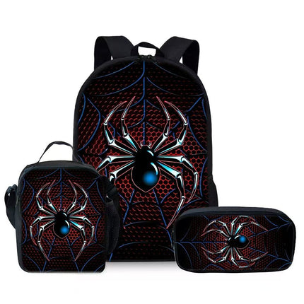 Style 2 3 Piece Spider Print School Bag Set - Large Capacity Polyester Backpack, Insulated Lunch Bag and Pencil Case - Lightweight Student Bookbag with Side Pocket for Boys Teens Kids