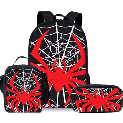Style 12 3 Piece Spider Print School Bag Set - Large Capacity Polyester Backpack, Insulated Lunch Bag and Pencil Case - Lightweight Student Bookbag with Side Pocket for Boys Teens Kids